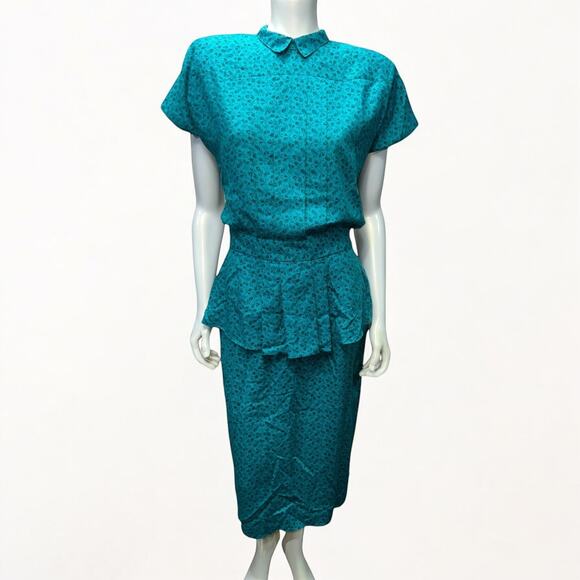 Fabrizio 90s Green Floral Peplum Pencil Dress Size 10 Vintage Occasion wear - Picture 1 of 10